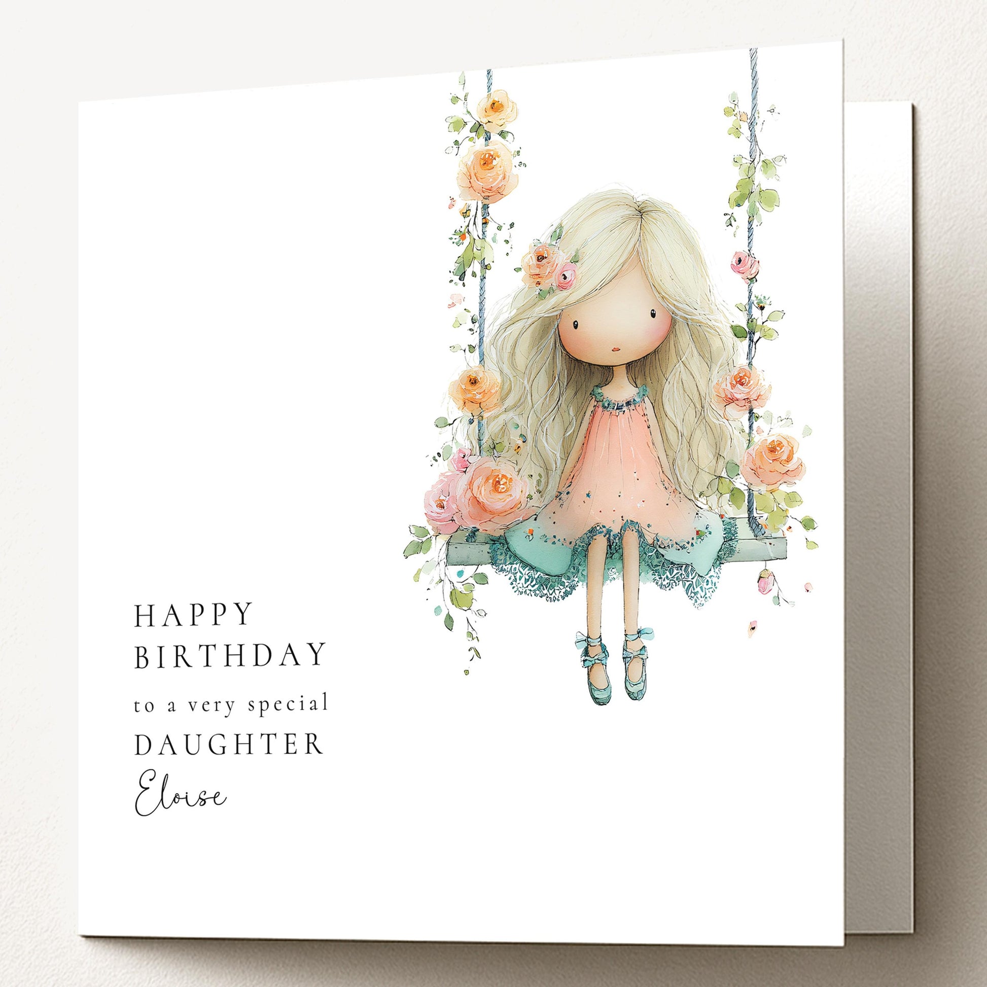 Birthday Card for Daughter, Cute Girl Birthday Card, Floral Swing Birthday Card, Personalised Daughter Birthday Card