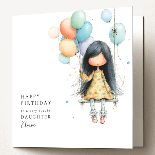 Birthday Card for Daughter, Cute Girl Birthday Card with Balloons, Whimsical Birthday Card, Personalised Daughter Card