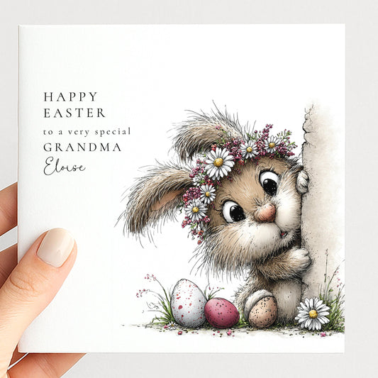 Easter Card for Grandma, Cute Easter Grandma Card, Bunny Easter Card, Floral Easter Card, Personalised Grandma Card