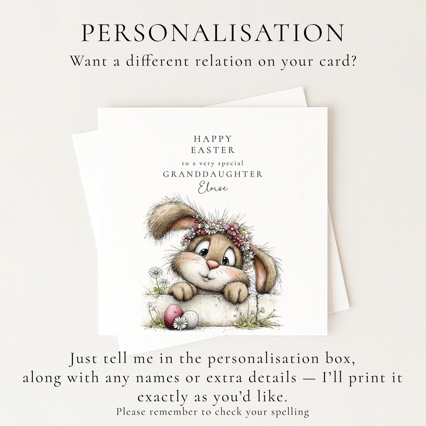 Easter Card for Granddaughter, Cute Bunny Easter Card, Floral Easter Card for Girls, Personalised Easter Card