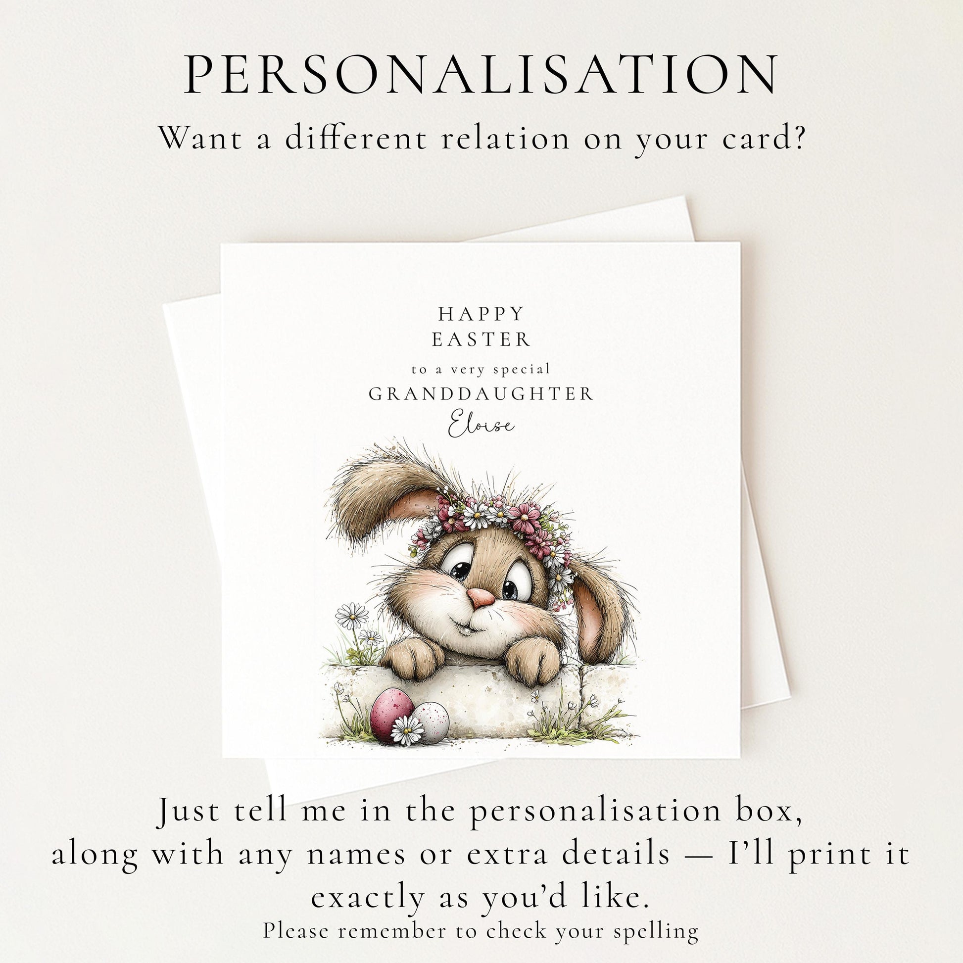 Easter Card for Granddaughter, Cute Bunny Easter Card, Floral Easter Card for Girls, Personalised Easter Card