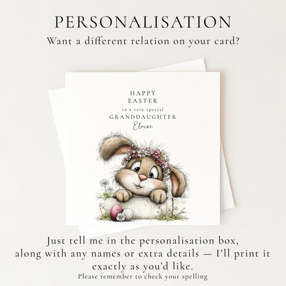 Easter Card for Granddaughter, Cute Bunny Easter Card, Floral Easter Card for Girls, Personalised Easter Card