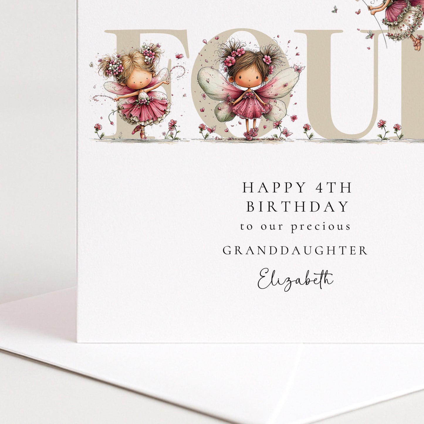 4th Birthday Card for Granddaughter, Happy 4th Birthday Granddaughter Card with Fairies, Personalised Birthday Card