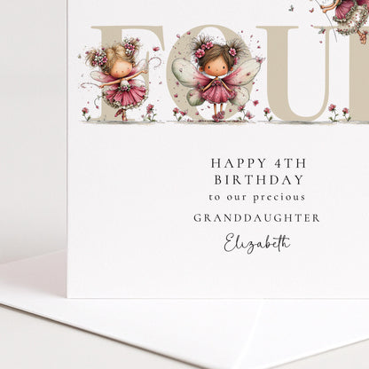 4th Birthday Card for Granddaughter, Happy 4th Birthday Granddaughter Card with Fairies, Personalised Birthday Card