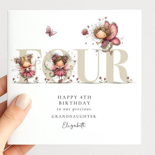 4th Birthday Card for Granddaughter, Happy 4th Birthday Granddaughter Card with Fairies, Personalised Birthday Card
