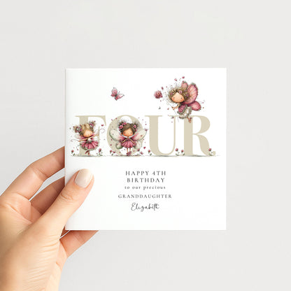 4th Birthday Card for Granddaughter, Happy 4th Birthday Granddaughter Card with Fairies, Personalised Birthday Card