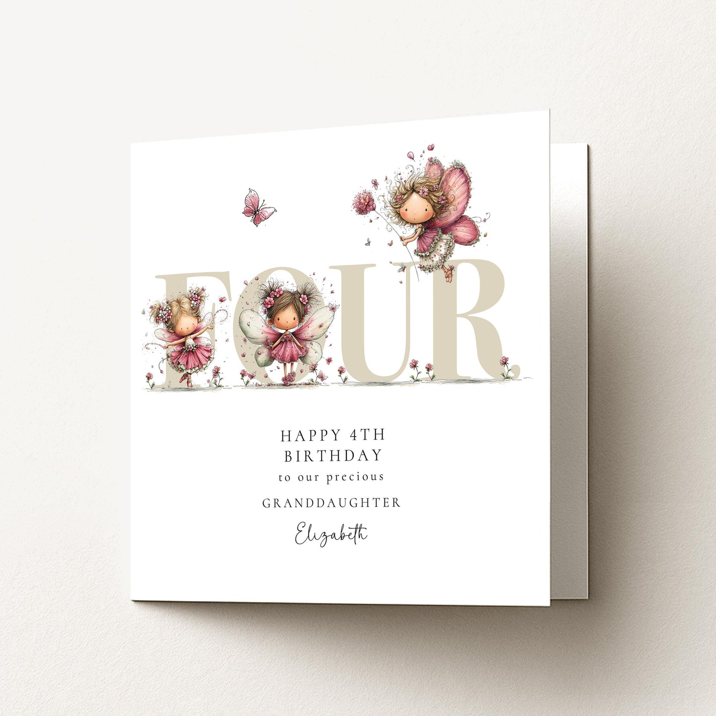 4th Birthday Card for Granddaughter, Happy 4th Birthday Granddaughter Card with Fairies, Personalised Birthday Card