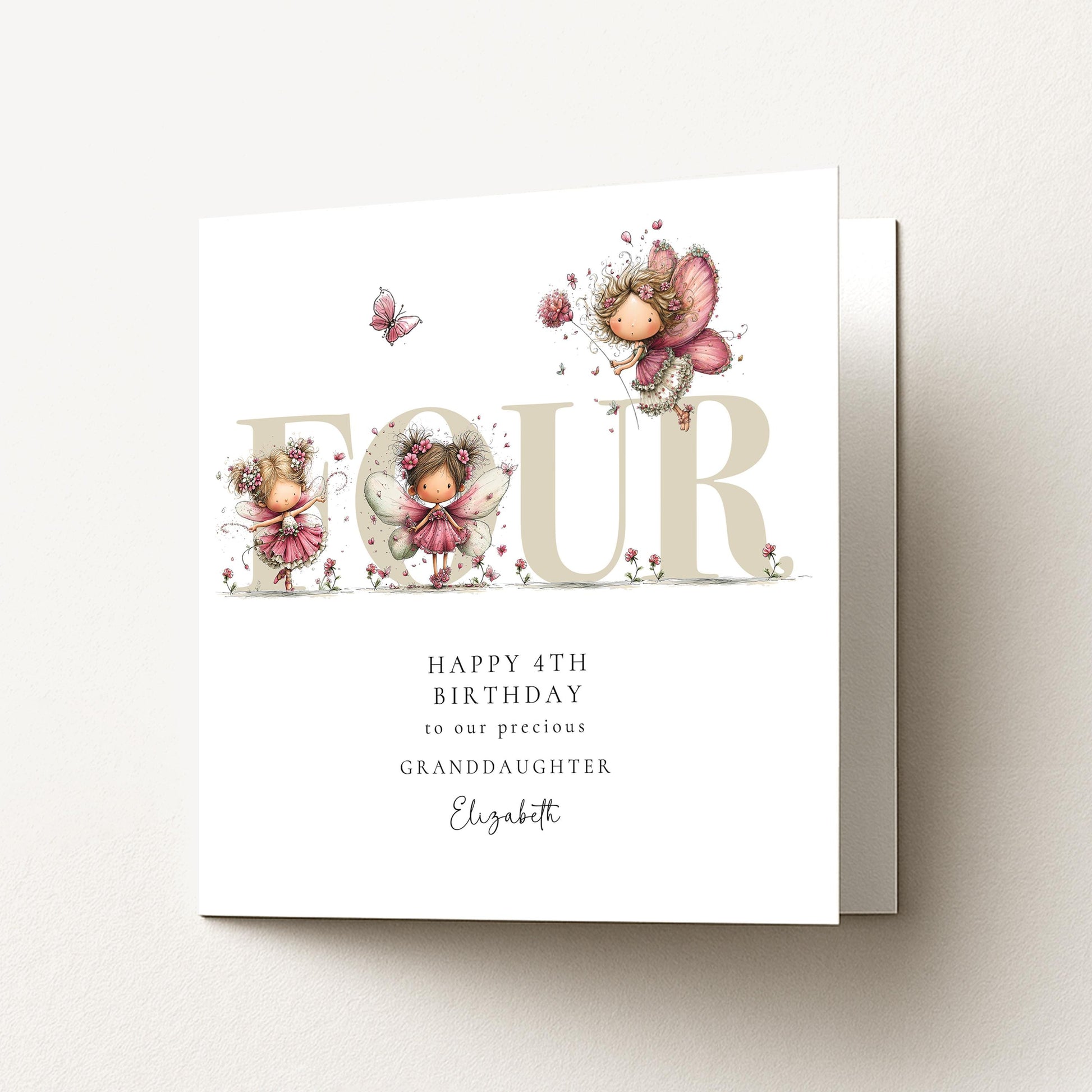 4th Birthday Card for Granddaughter, Happy 4th Birthday Granddaughter Card with Fairies, Personalised Birthday Card