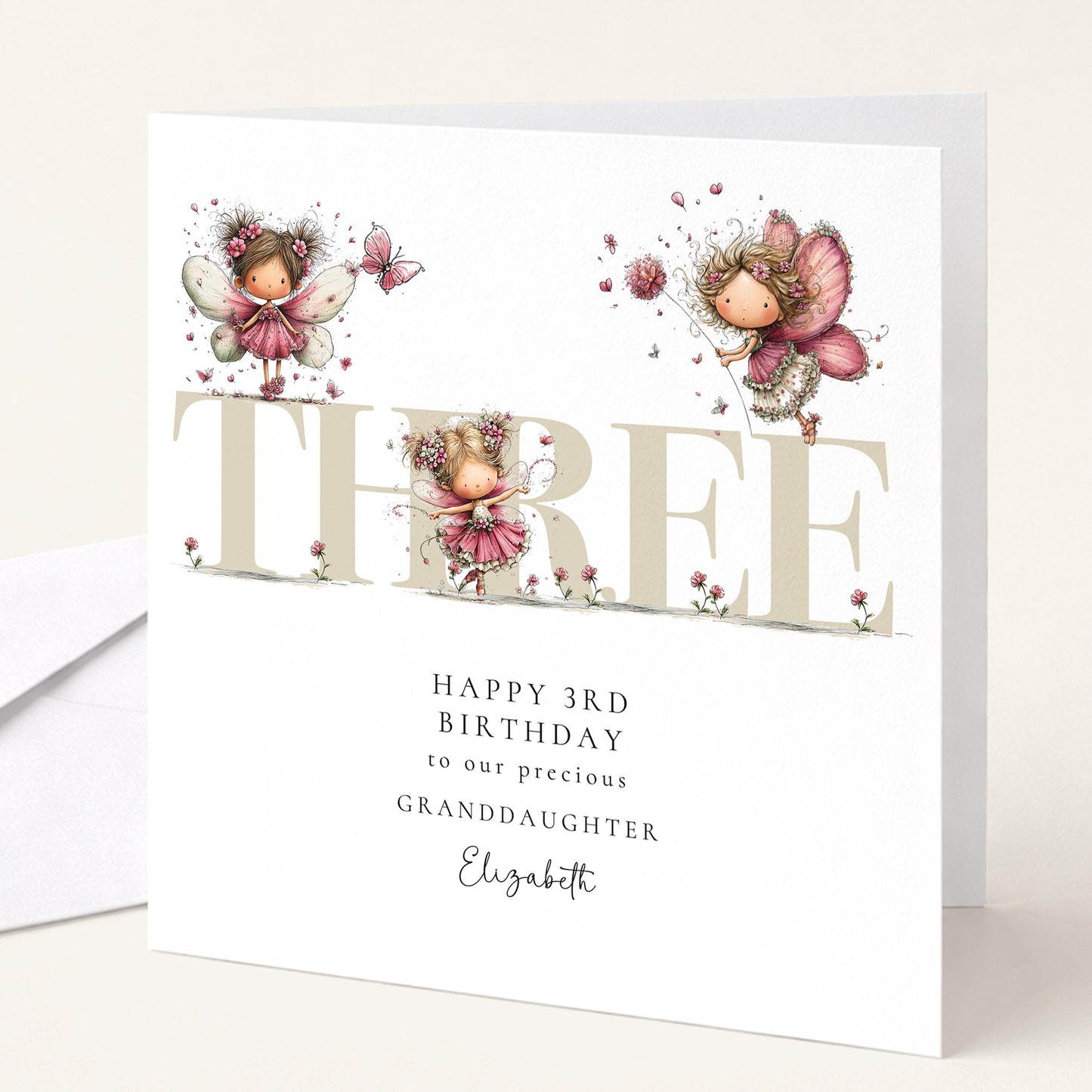 3rd Birthday Granddaughter Card, Fairy Third Birthday Card, Age Three Birthday Card, Personalised Name Card