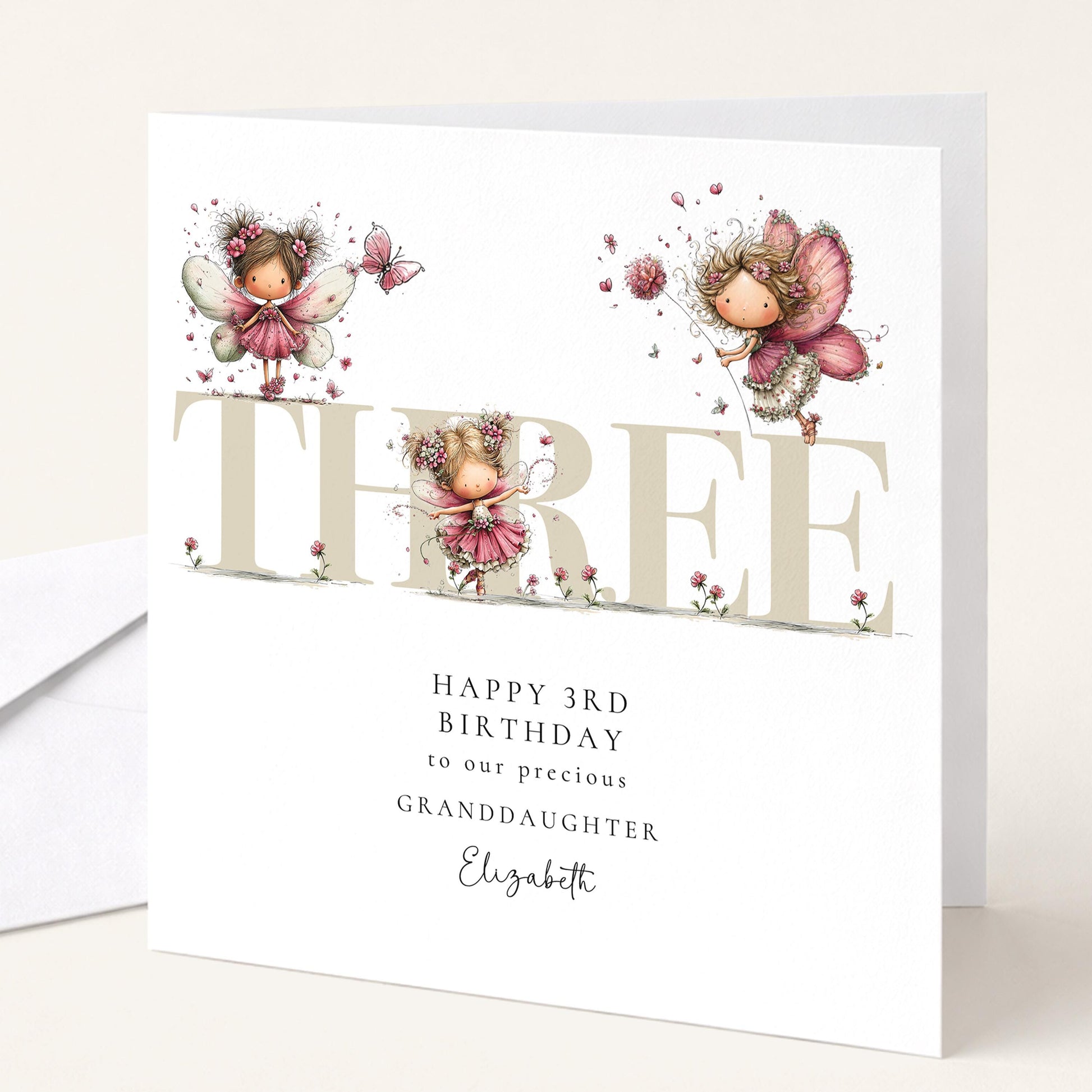 3rd Birthday Granddaughter Card, Fairy Third Birthday Card, Age Three Birthday Card, Personalised Name Card