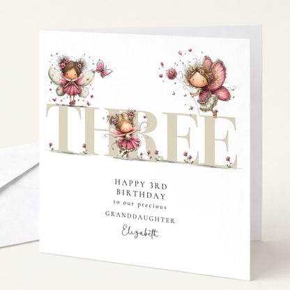 3rd Birthday Granddaughter Card, Fairy Third Birthday Card, Age Three Birthday Card, Personalised Name Card