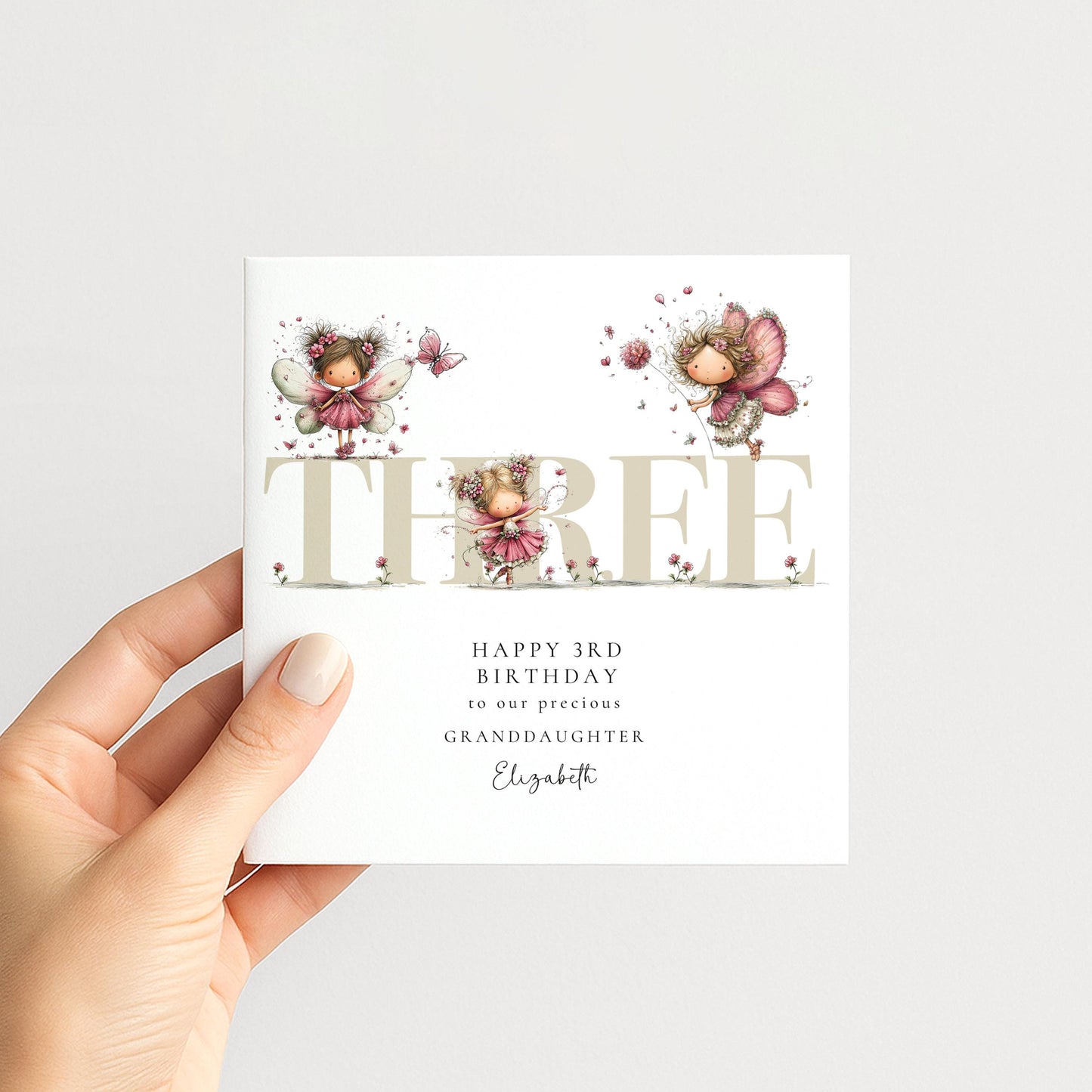 3rd Birthday Granddaughter Card, Fairy Third Birthday Card, Age Three Birthday Card, Personalised Name Card