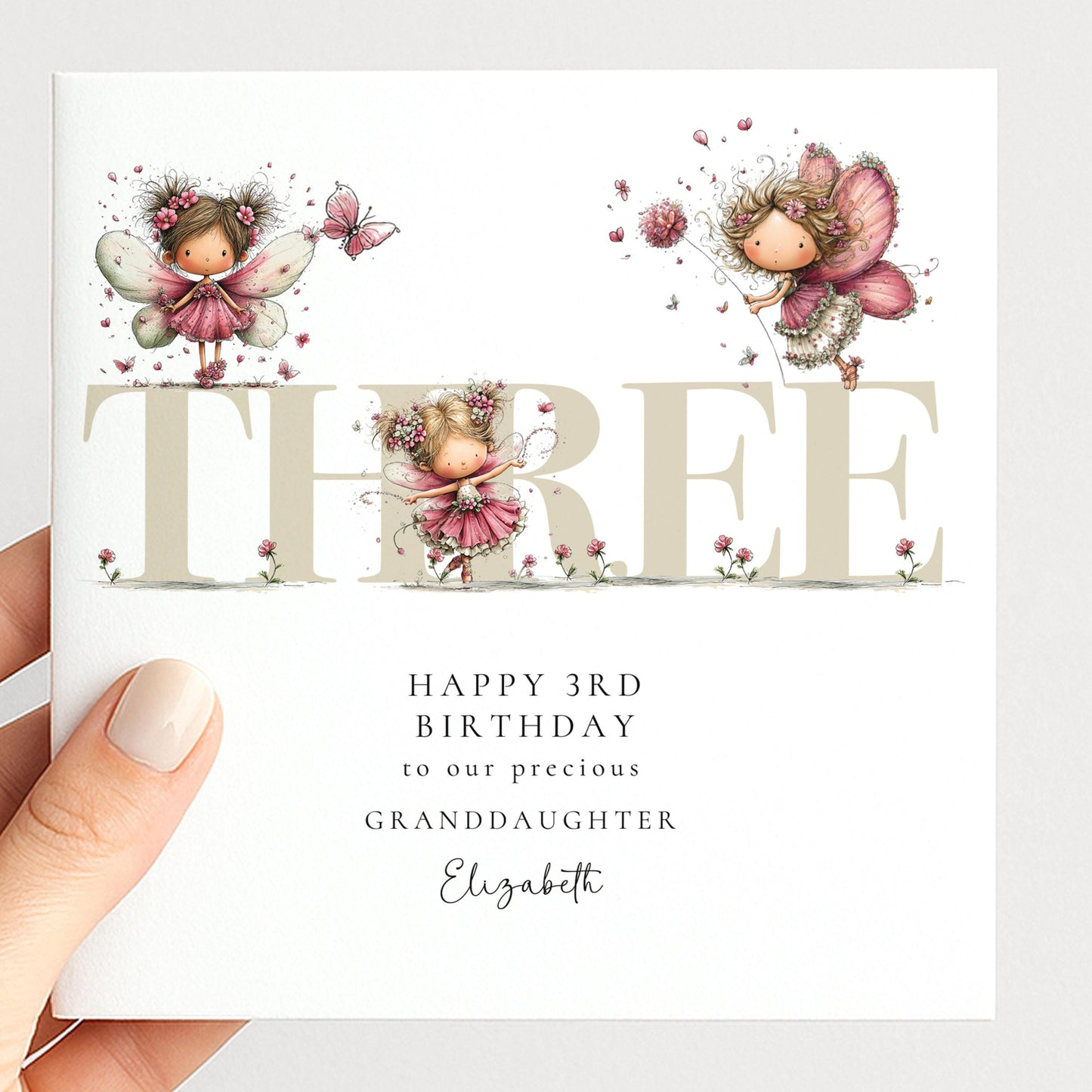3rd Birthday Granddaughter Card, Fairy Third Birthday Card, Age Three Birthday Card, Personalised Name Card