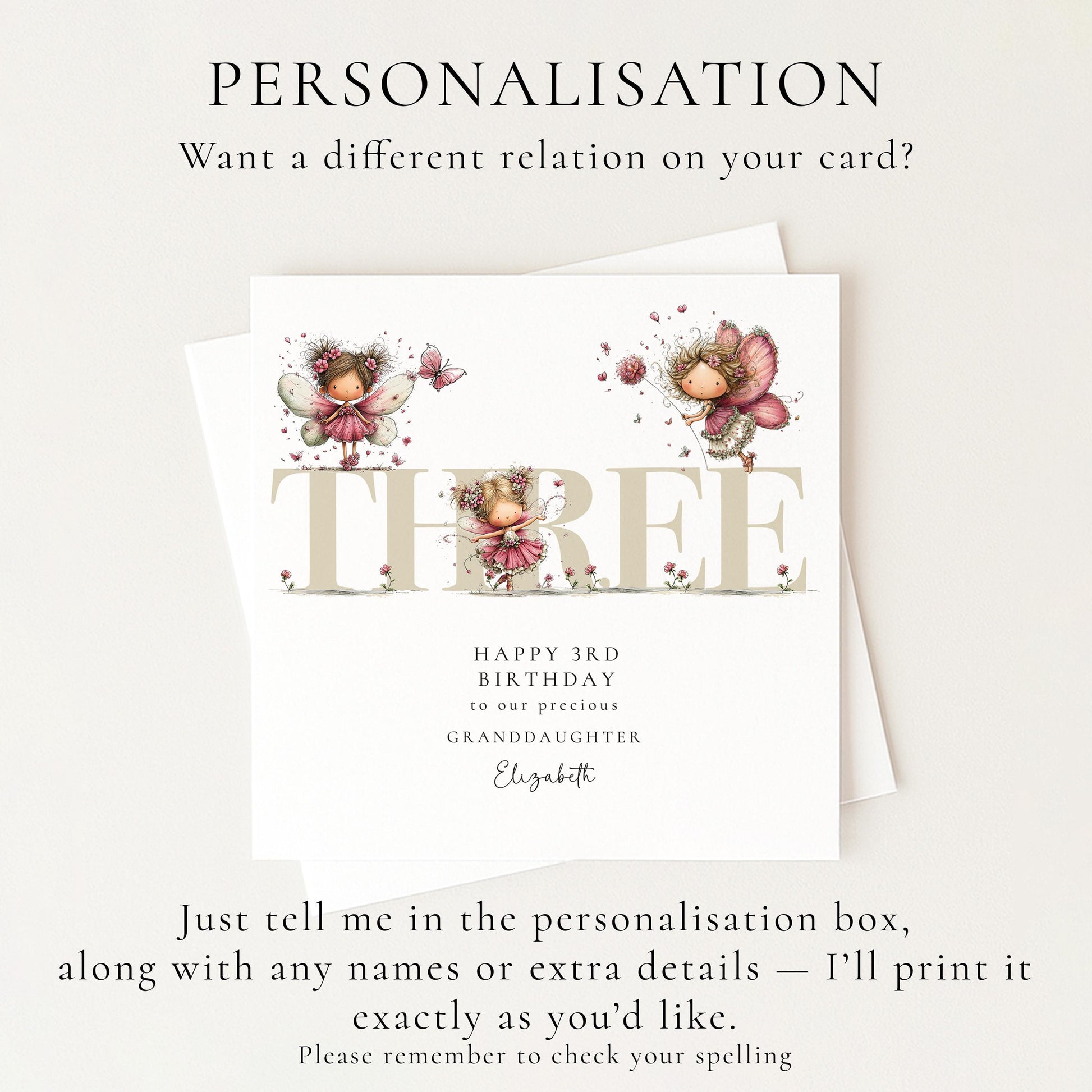 3rd Birthday Granddaughter Card, Fairy Third Birthday Card, Age Three Birthday Card, Personalised Name Card
