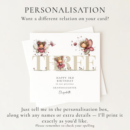 3rd Birthday Granddaughter Card, Fairy Third Birthday Card, Age Three Birthday Card, Personalised Name Card