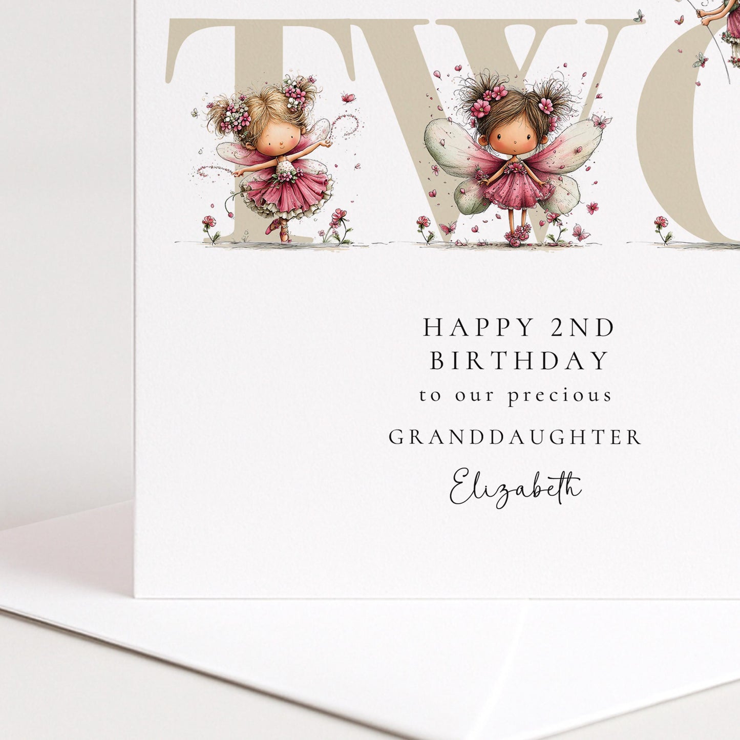 2nd Birthday Granddaughter Card, Fairy Second Birthday Card, Age Two Birthday Card, Personalised Name Card