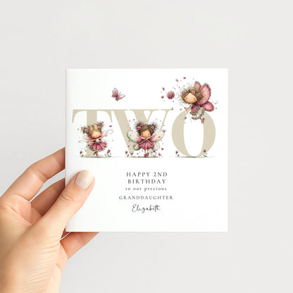 2nd Birthday Granddaughter Card, Fairy Second Birthday Card, Age Two Birthday Card, Personalised Name Card