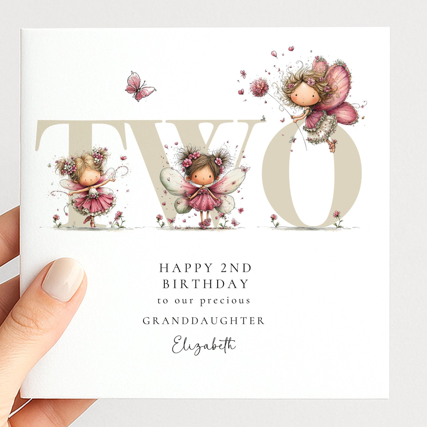 2nd Birthday Granddaughter Card, Fairy Second Birthday Card, Age Two Birthday Card, Personalised Name Card