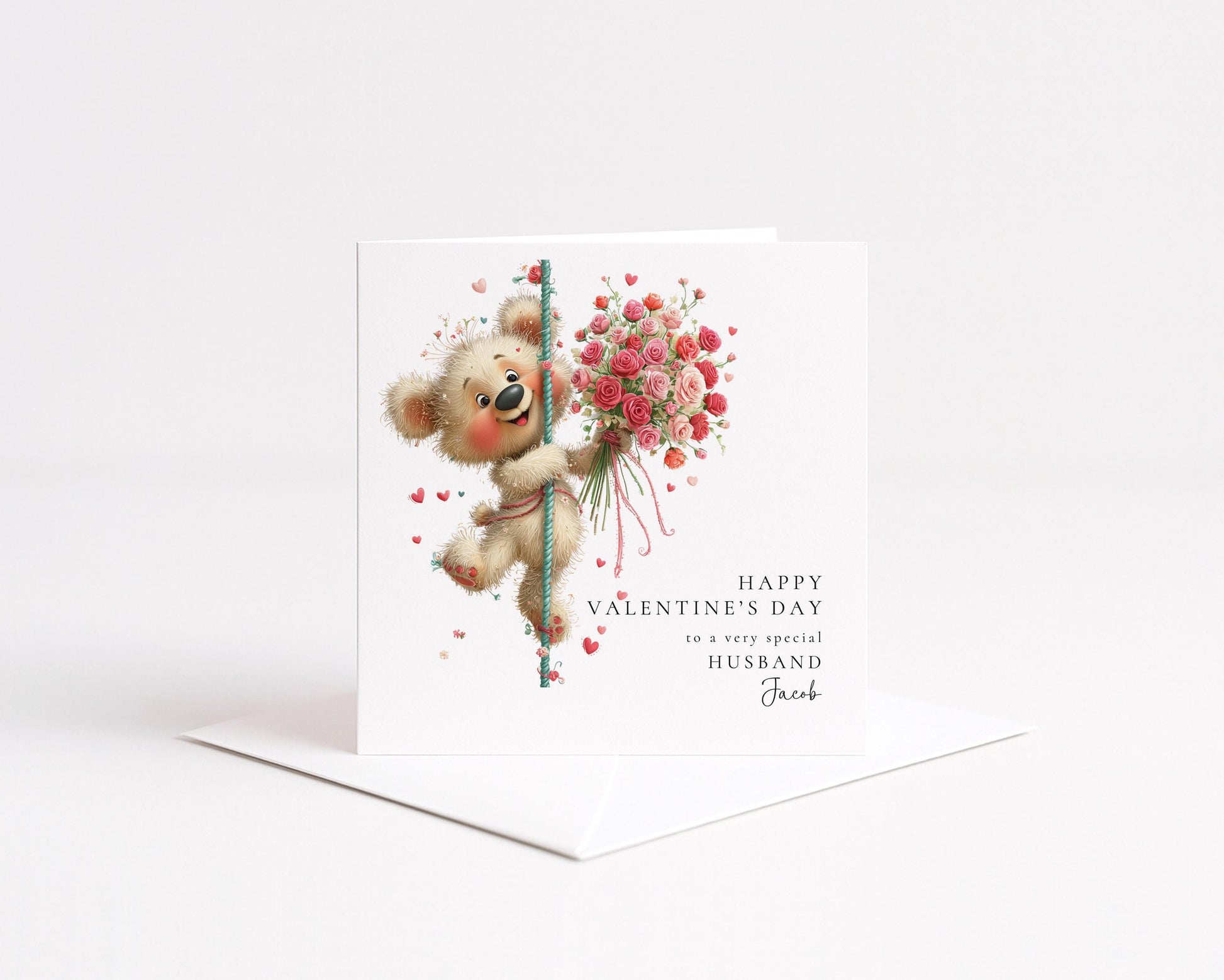 Valentine’s Day Card for Husband, Cute Teddy Bear Valentine Card with Flowers, Romantic Personalised Valentine Card for Him