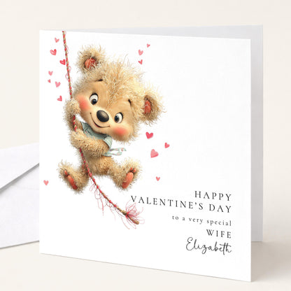 Valentine’s Day Card for Wife, Cute Teddy Bear Valentine Card, Romantic Personalised Valentine Card for Her