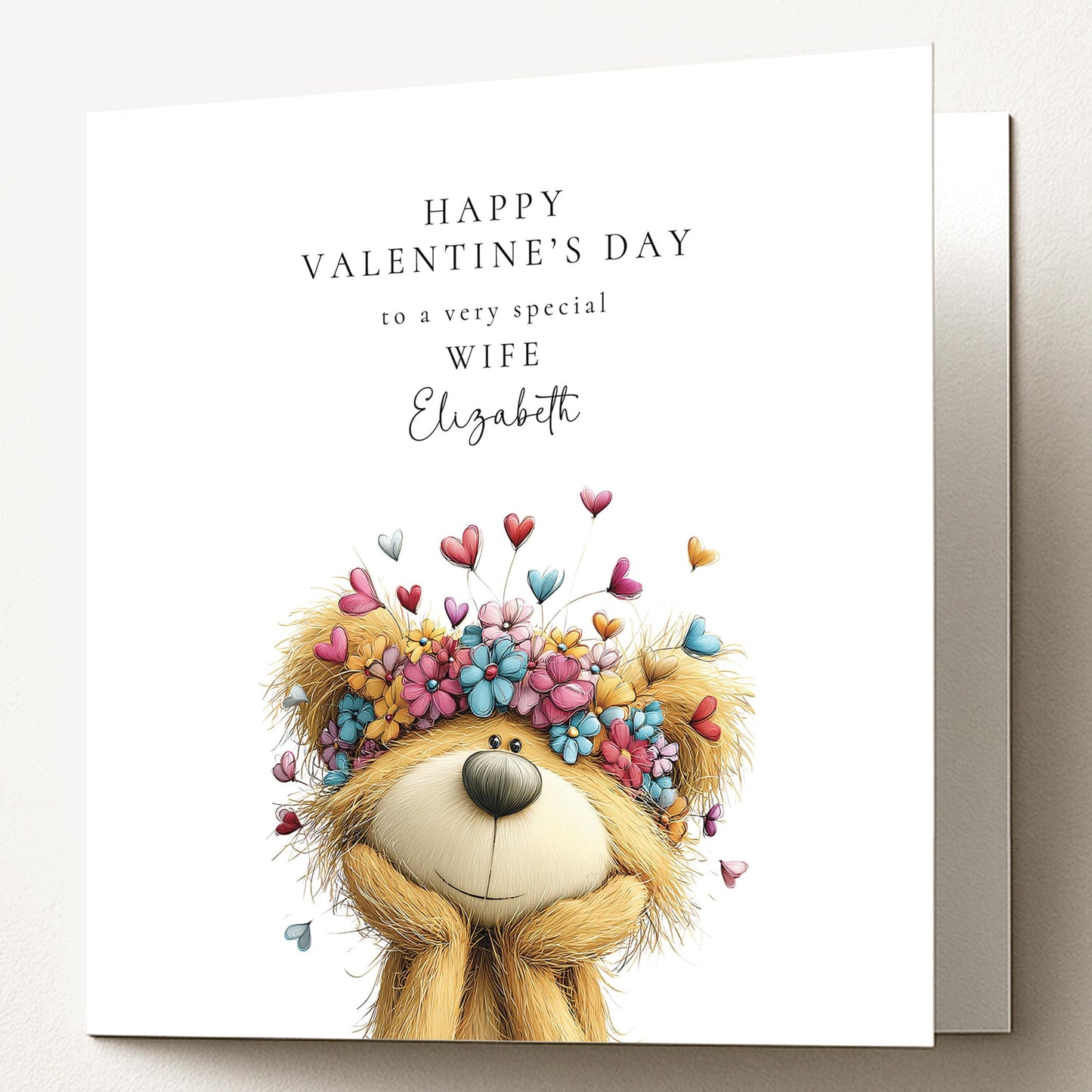 Valentine’s Day Card for Wife, Floral Teddy Bear Valentine Card, Romantic Personalised Valentine Card for Her