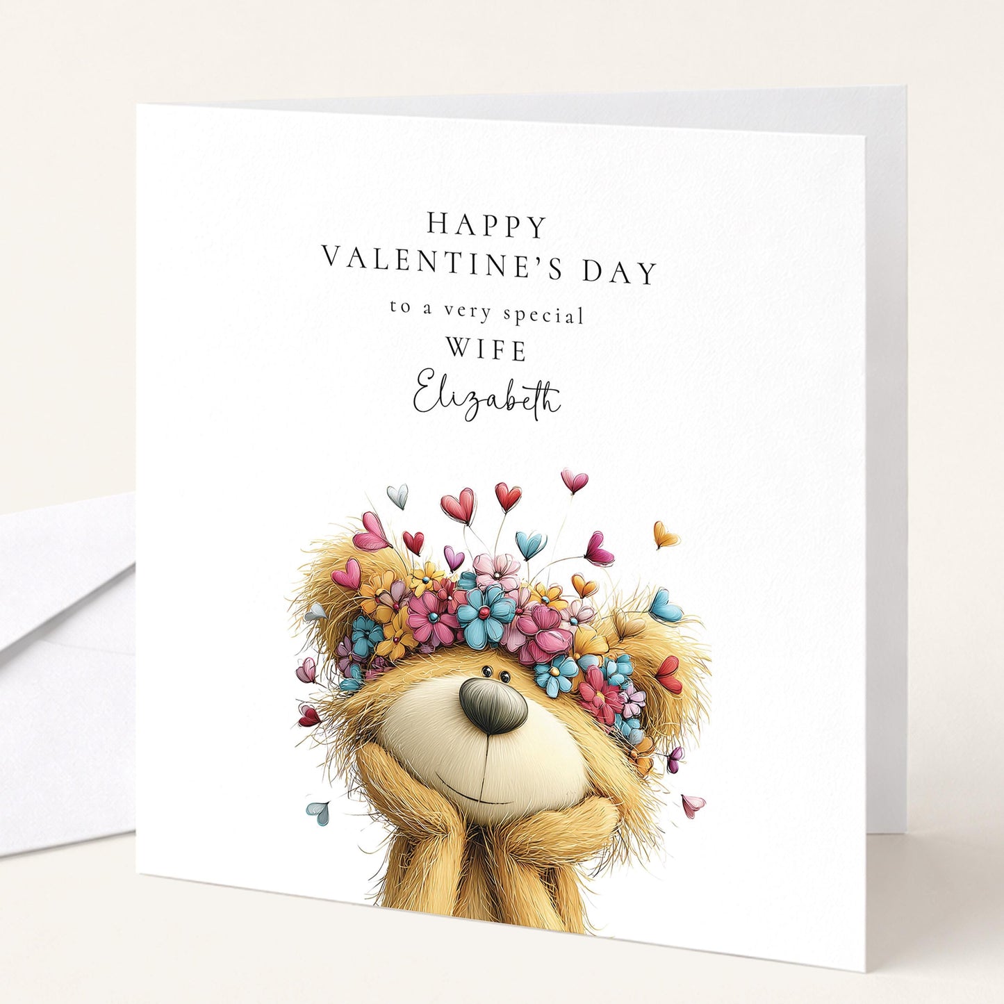 Valentine’s Day Card for Wife, Floral Teddy Bear Valentine Card, Romantic Personalised Valentine Card for Her