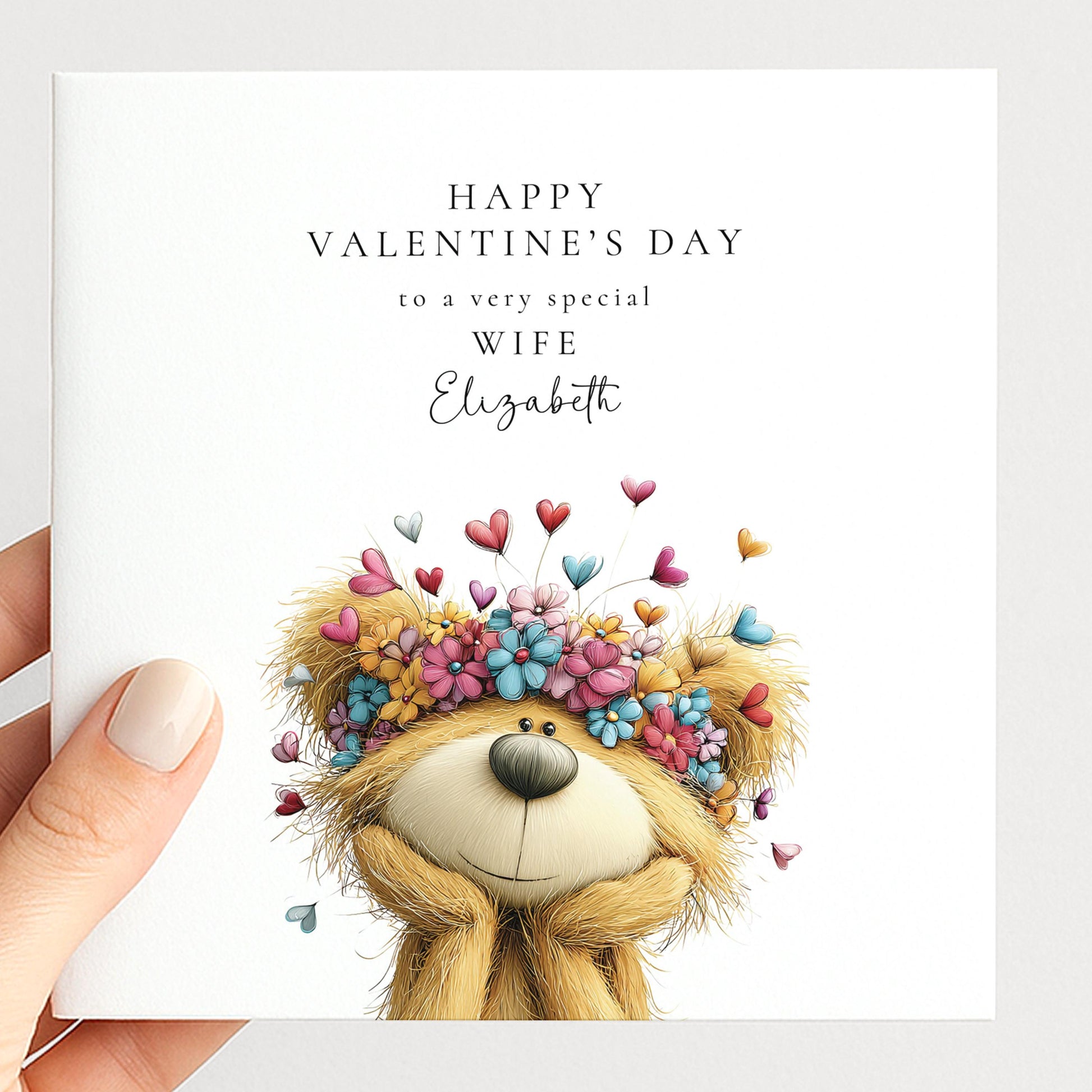 Valentine’s Day Card for Wife, Floral Teddy Bear Valentine Card, Romantic Personalised Valentine Card for Her