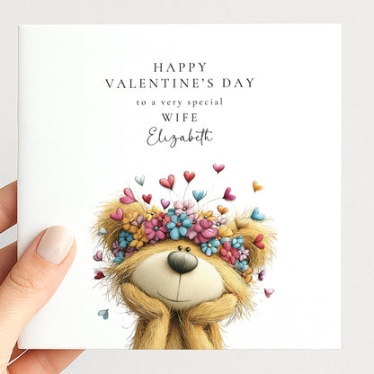 Valentine’s Day Card for Wife, Floral Teddy Bear Valentine Card, Romantic Personalised Valentine Card for Her