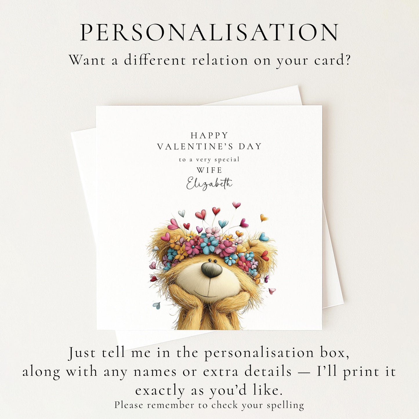 Valentine’s Day Card for Wife, Floral Teddy Bear Valentine Card, Romantic Personalised Valentine Card for Her