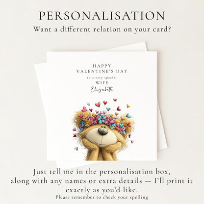 Valentine’s Day Card for Wife, Floral Teddy Bear Valentine Card, Romantic Personalised Valentine Card for Her