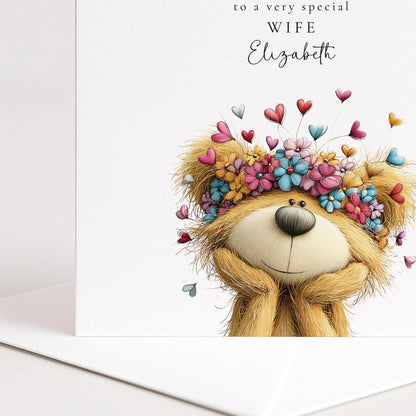 Valentine’s Day Card for Wife, Floral Teddy Bear Valentine Card, Romantic Personalised Valentine Card for Her