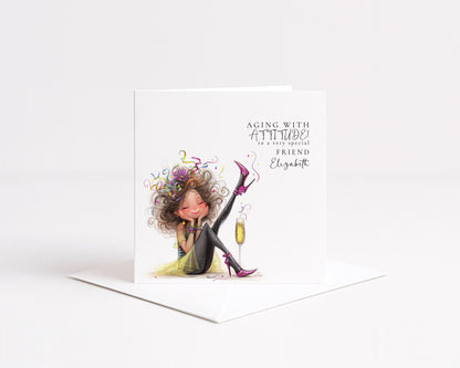 Funny Birthday Card for Friend, Aging With Attitude Card, Sassy Birthday Card for Her, Optional Name Personalisation