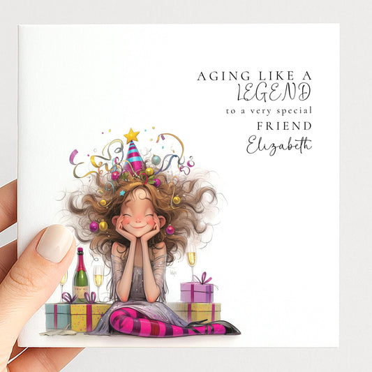 Funny Birthday Card for Friend, Aging Like a Legend Card, Colourful Birthday Card for Her, Optional Name Personalisation