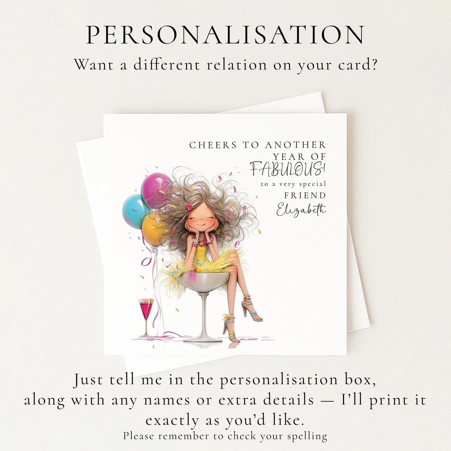 Funny Birthday Card for Friend, Cheers to Another Year of Fabulous Card, Colourful Birthday Card for Her, Optional Name Personalisation