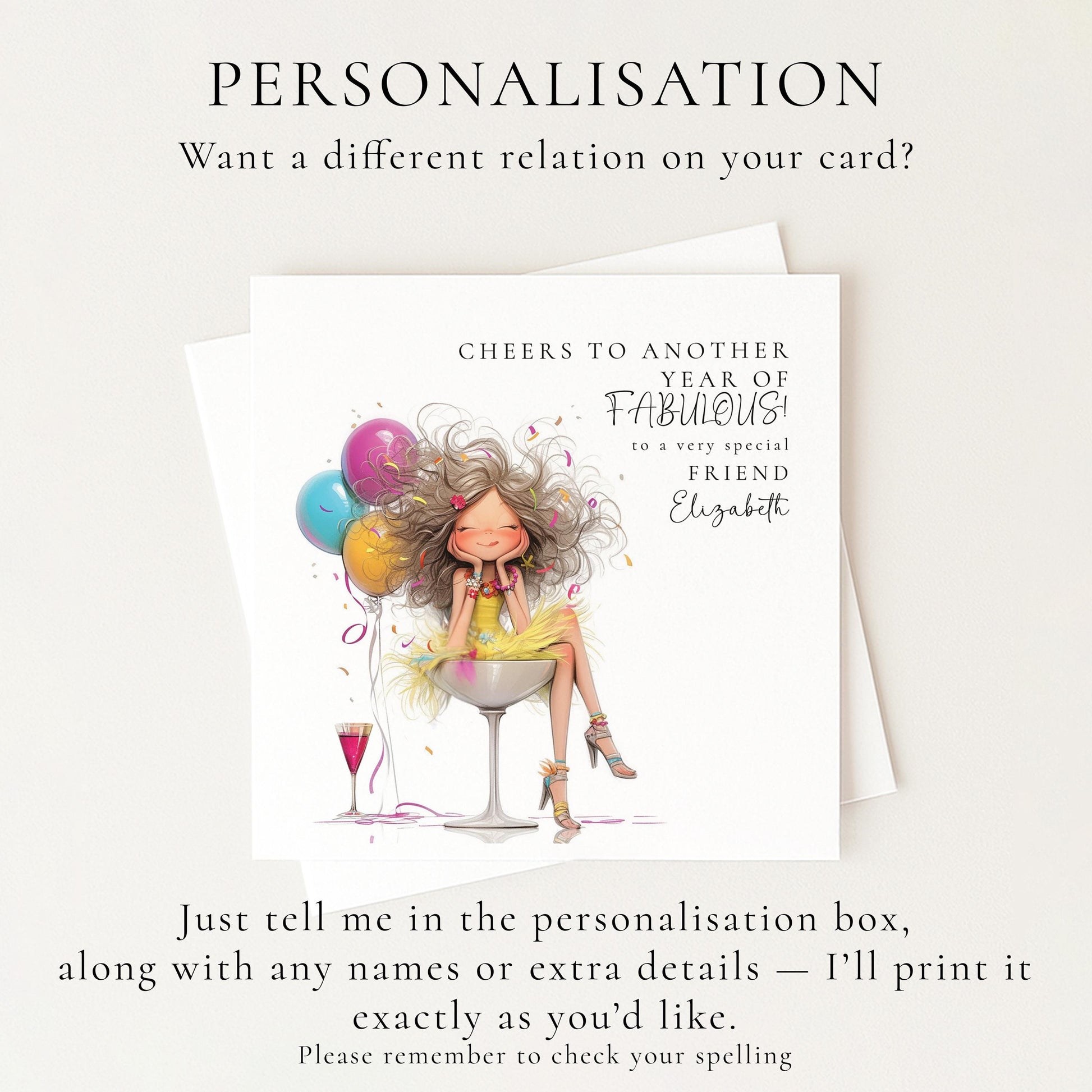 Funny Birthday Card for Friend, Cheers to Another Year of Fabulous Card, Colourful Birthday Card for Her, Optional Name Personalisation