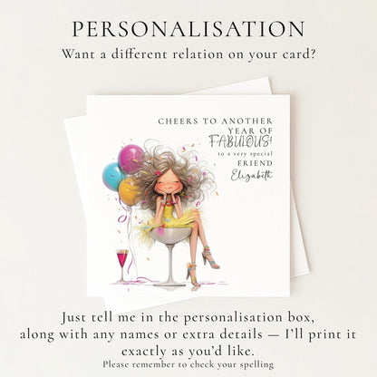 Funny Birthday Card for Friend, Cheers to Another Year of Fabulous Card, Colourful Birthday Card for Her, Optional Name Personalisation