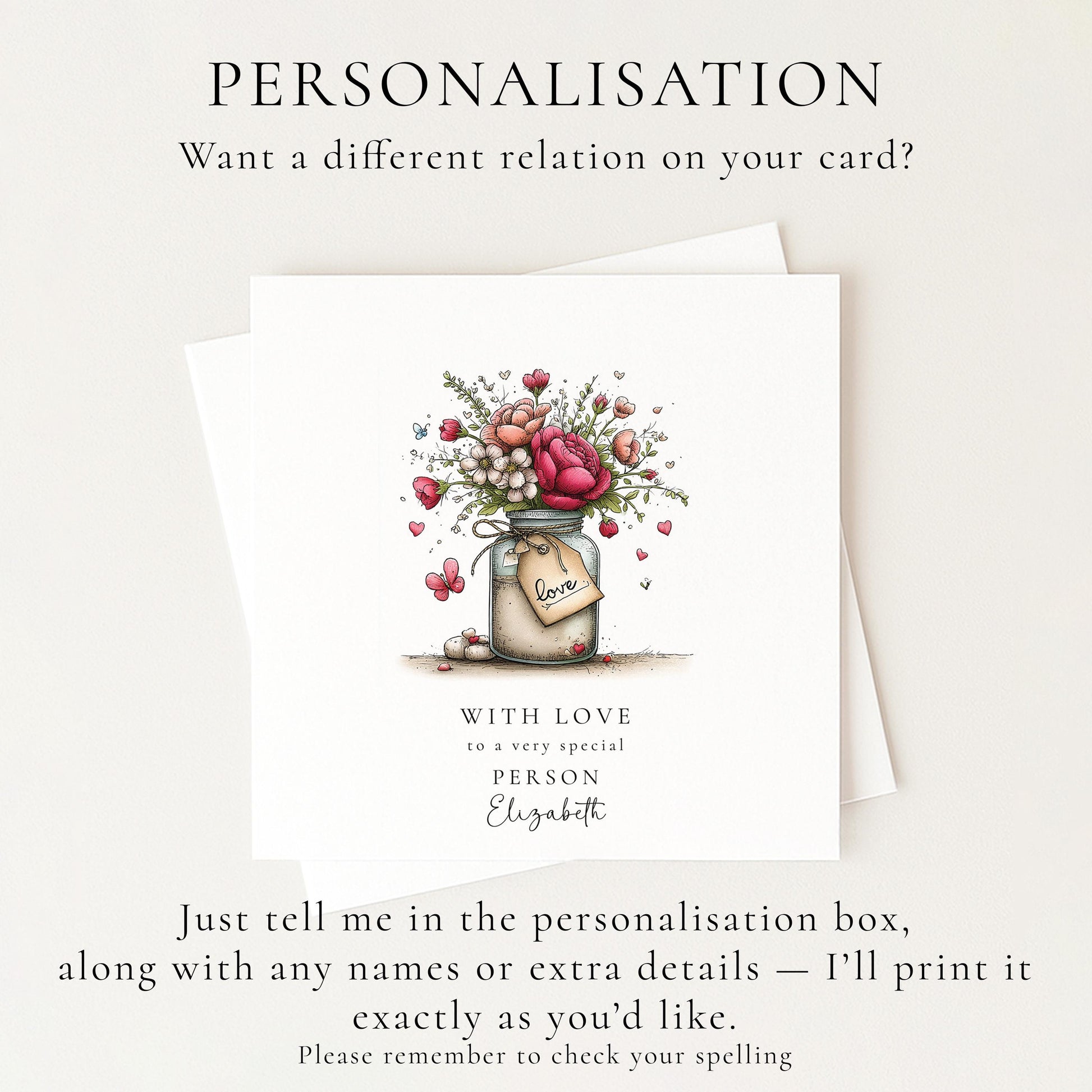With Love Card, Floral Jar Greeting Card for a Special Person, Thinking of You Card, Personalised Name Card