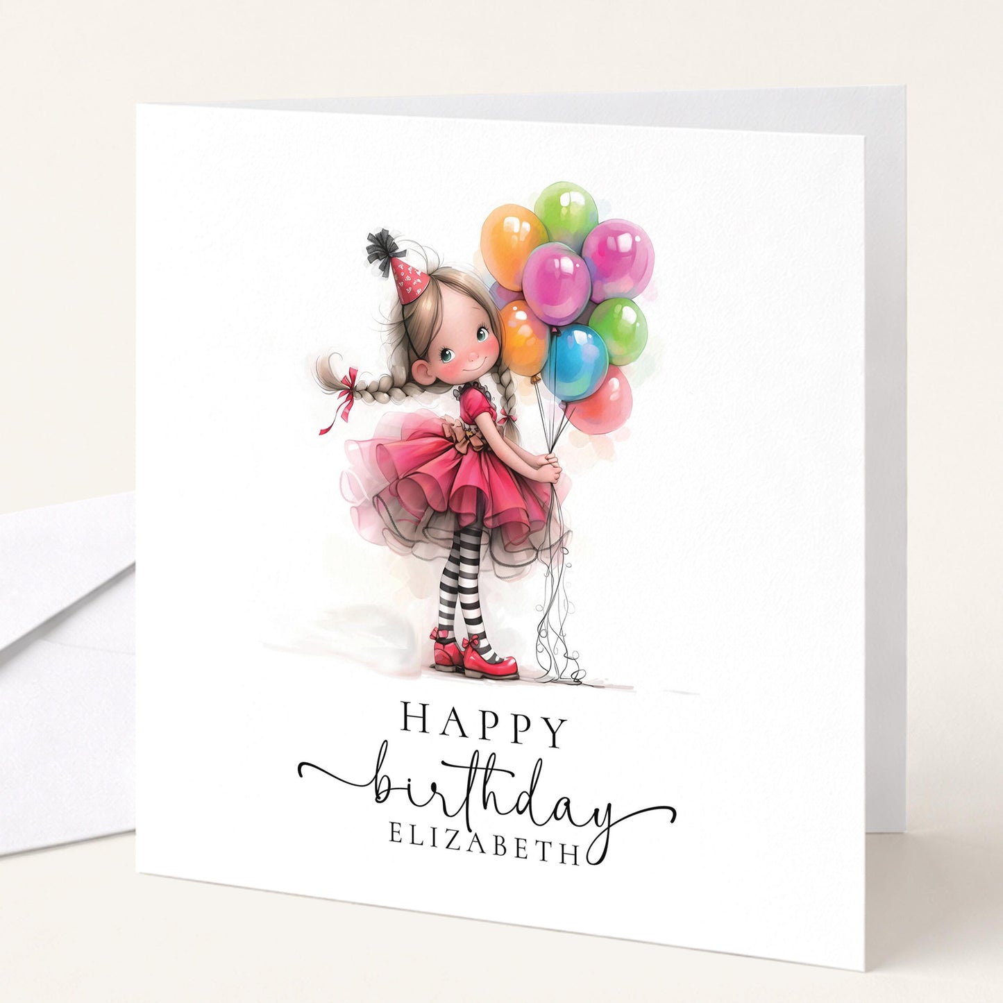 Personalised Girl Birthday Card, Cute Birthday Girl Illustration, Custom Name Card, Birthday Card for Daughter, Granddaughter, Niece