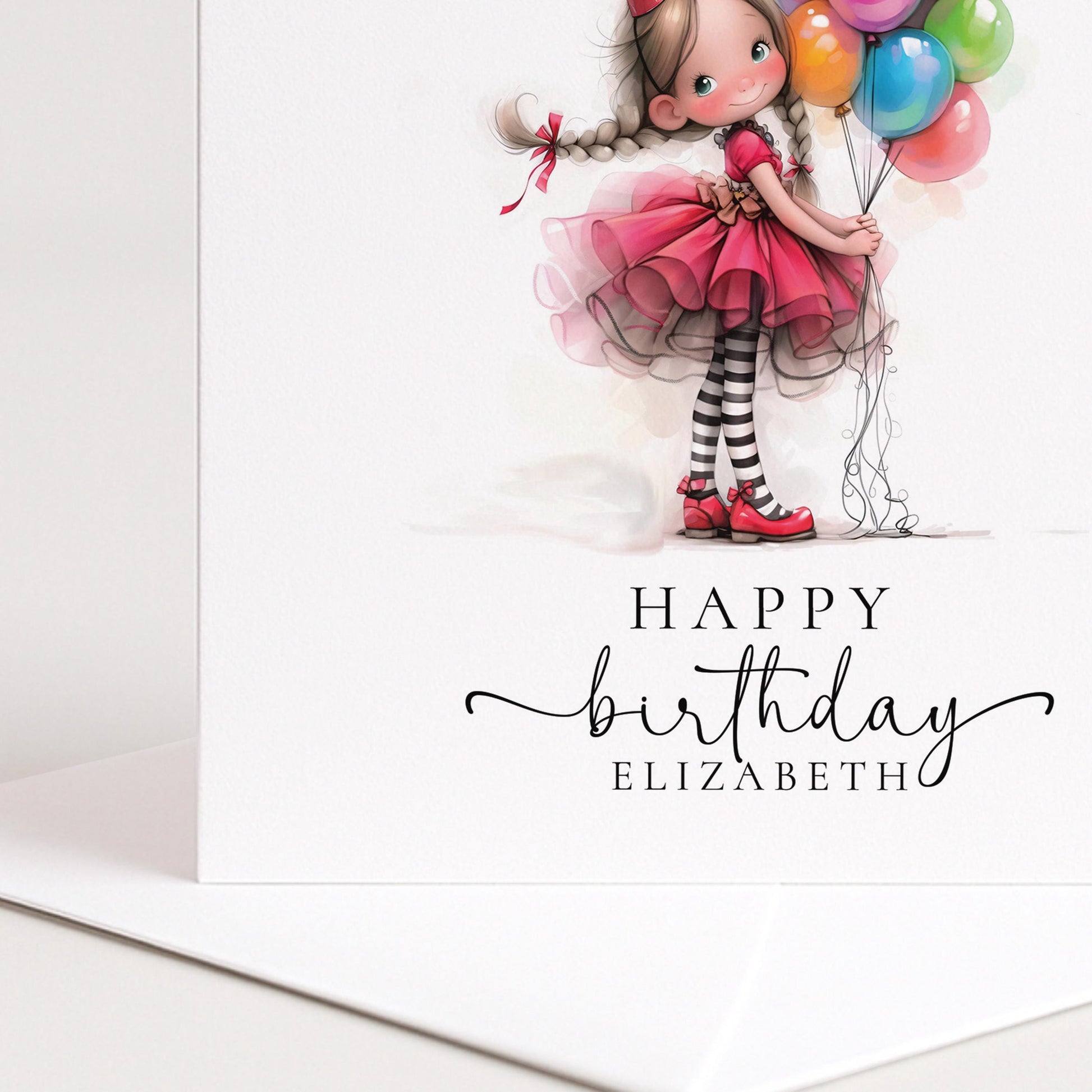 Personalised Girl Birthday Card, Cute Birthday Girl Illustration, Custom Name Card, Birthday Card for Daughter, Granddaughter, Niece