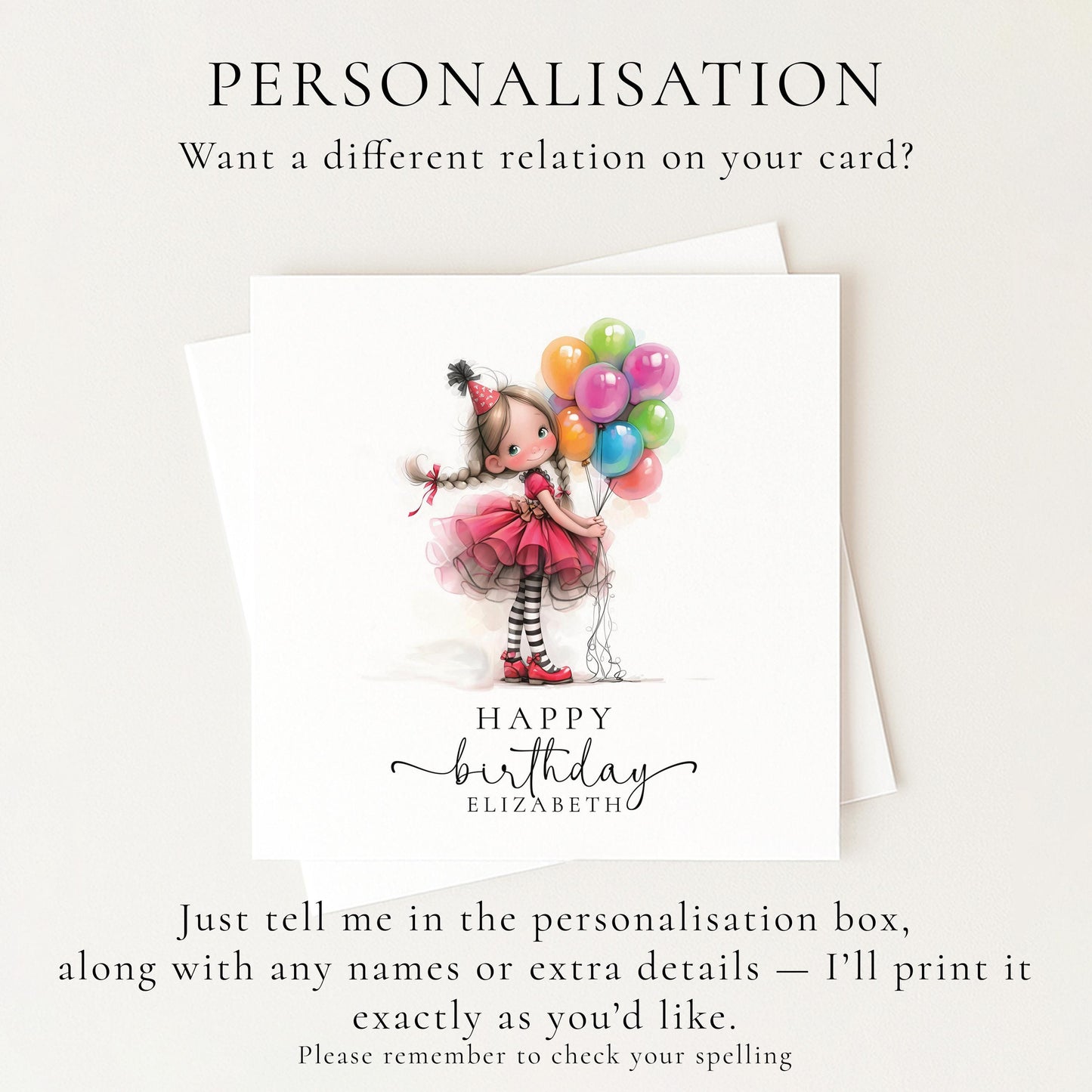 Personalised Girl Birthday Card, Cute Birthday Girl Illustration, Custom Name Card, Birthday Card for Daughter, Granddaughter, Niece