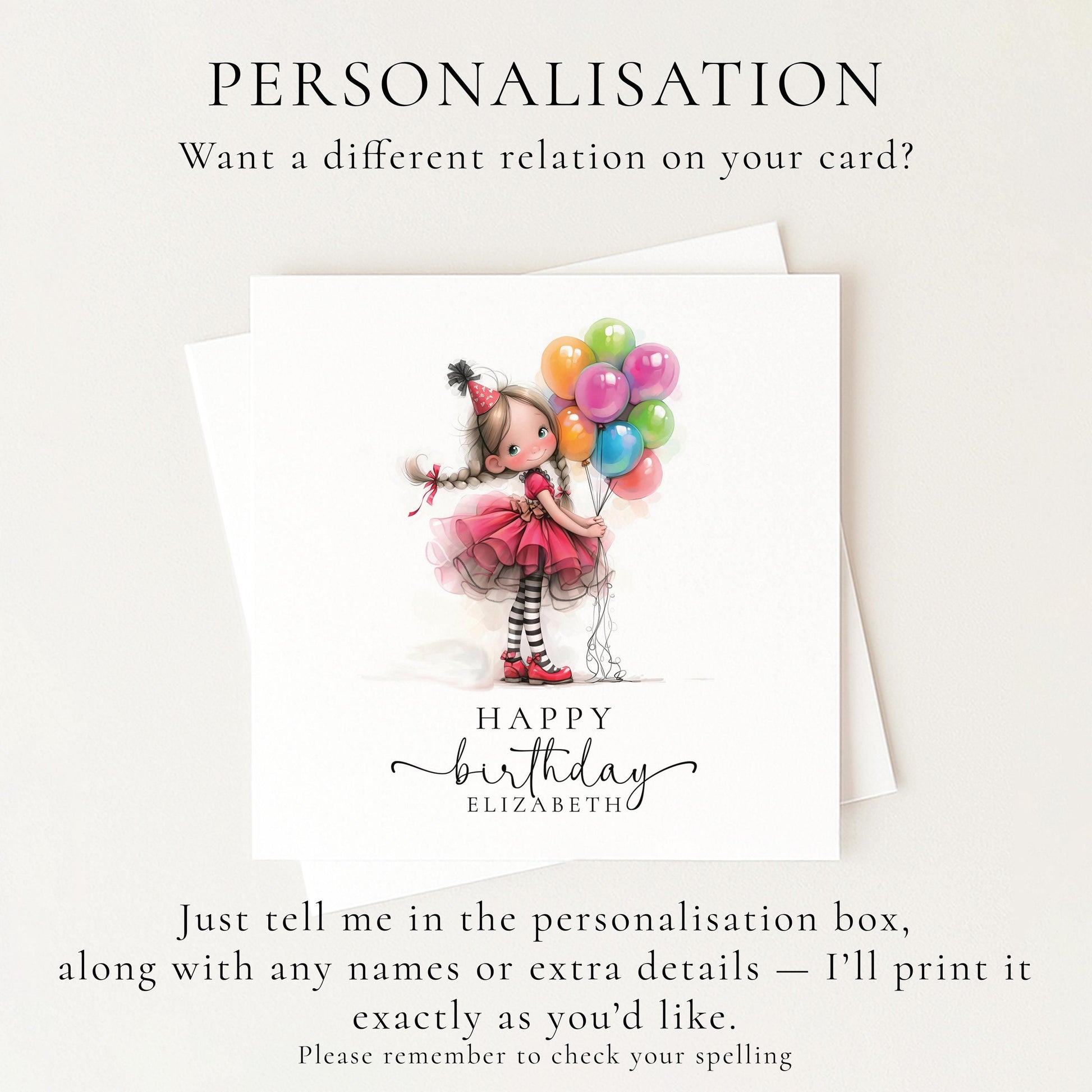 Personalised Girl Birthday Card, Cute Birthday Girl Illustration, Custom Name Card, Birthday Card for Daughter, Granddaughter, Niece