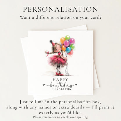 Personalised Girl Birthday Card, Cute Birthday Girl Illustration, Custom Name Card, Birthday Card for Daughter, Granddaughter, Niece