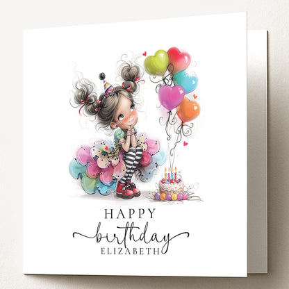 Personalised Girl Birthday Card, Cute Birthday Girl Illustration, Custom Name Card, Birthday Card for Daughter, Granddaughter, Niece
