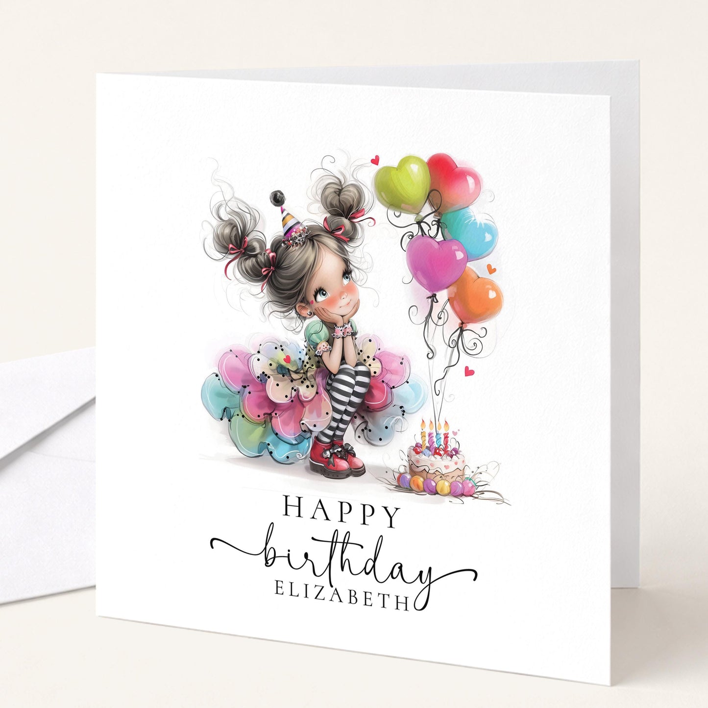 Personalised Girl Birthday Card, Cute Birthday Girl Illustration, Custom Name Card, Birthday Card for Daughter, Granddaughter, Niece