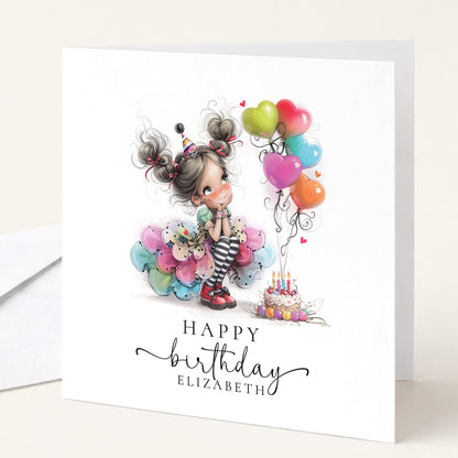 Personalised Girl Birthday Card, Cute Birthday Girl Illustration, Custom Name Card, Birthday Card for Daughter, Granddaughter, Niece