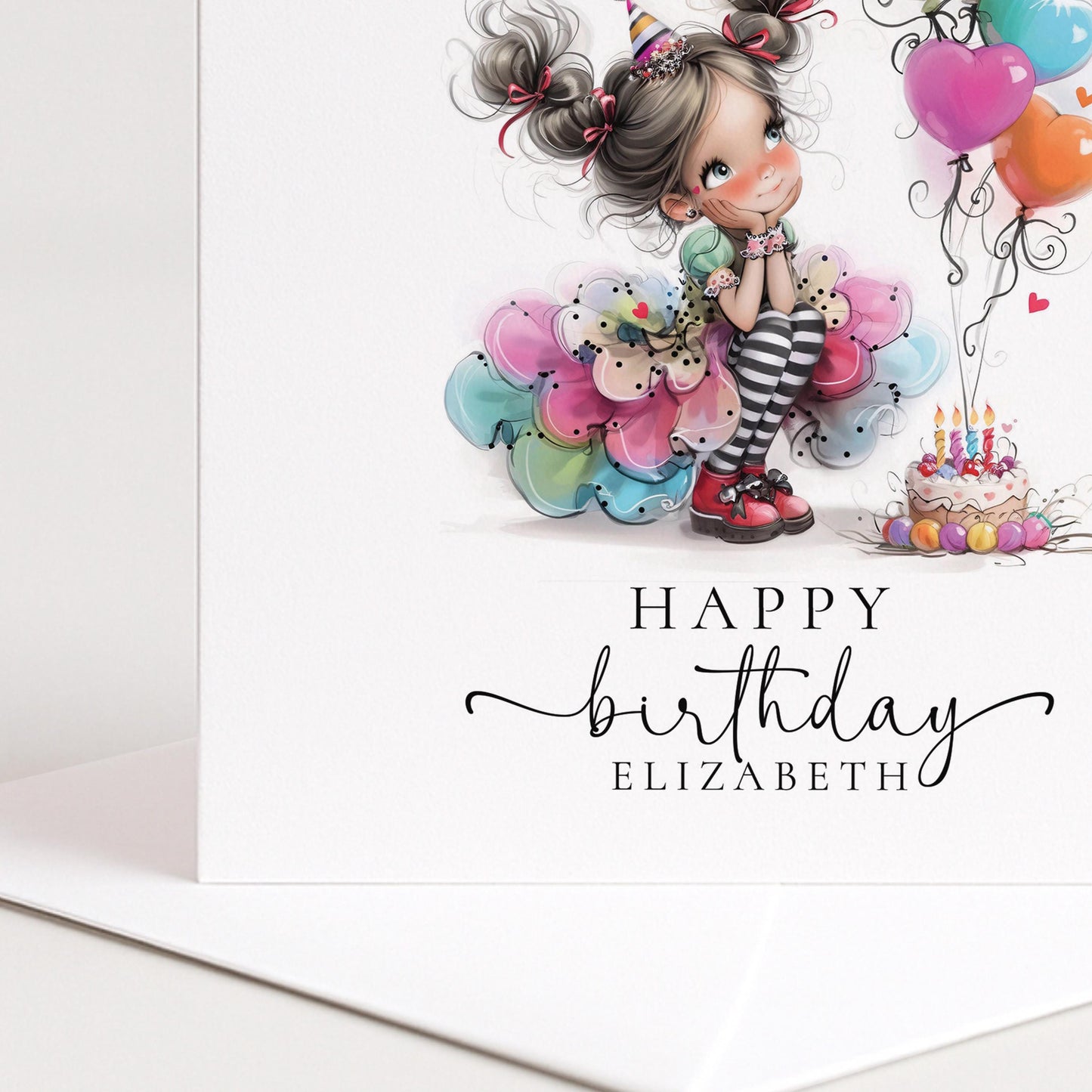 Personalised Girl Birthday Card, Cute Birthday Girl Illustration, Custom Name Card, Birthday Card for Daughter, Granddaughter, Niece