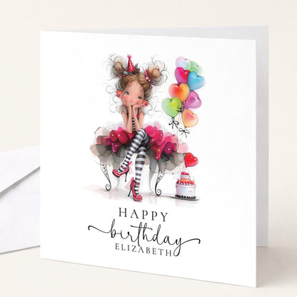 Personalised Girl Birthday Card, Cute Birthday Girl Illustration, Custom Name Card, Birthday Card for Daughter, Granddaughter, Niece