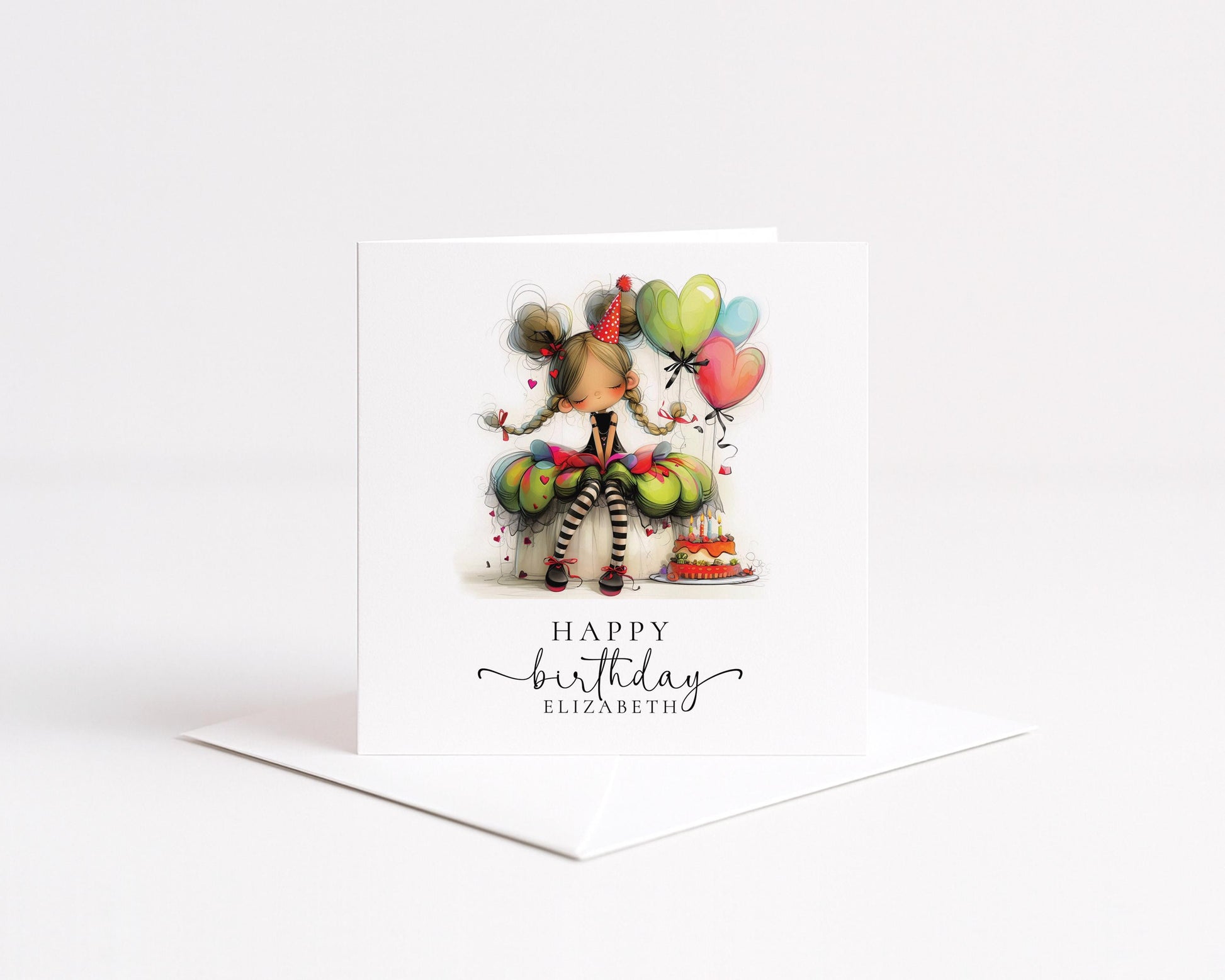 Personalised Girl Birthday Card, Cute Birthday Girl Illustration, Custom Name Card, Birthday Card for Daughter, Granddaughter, Niece