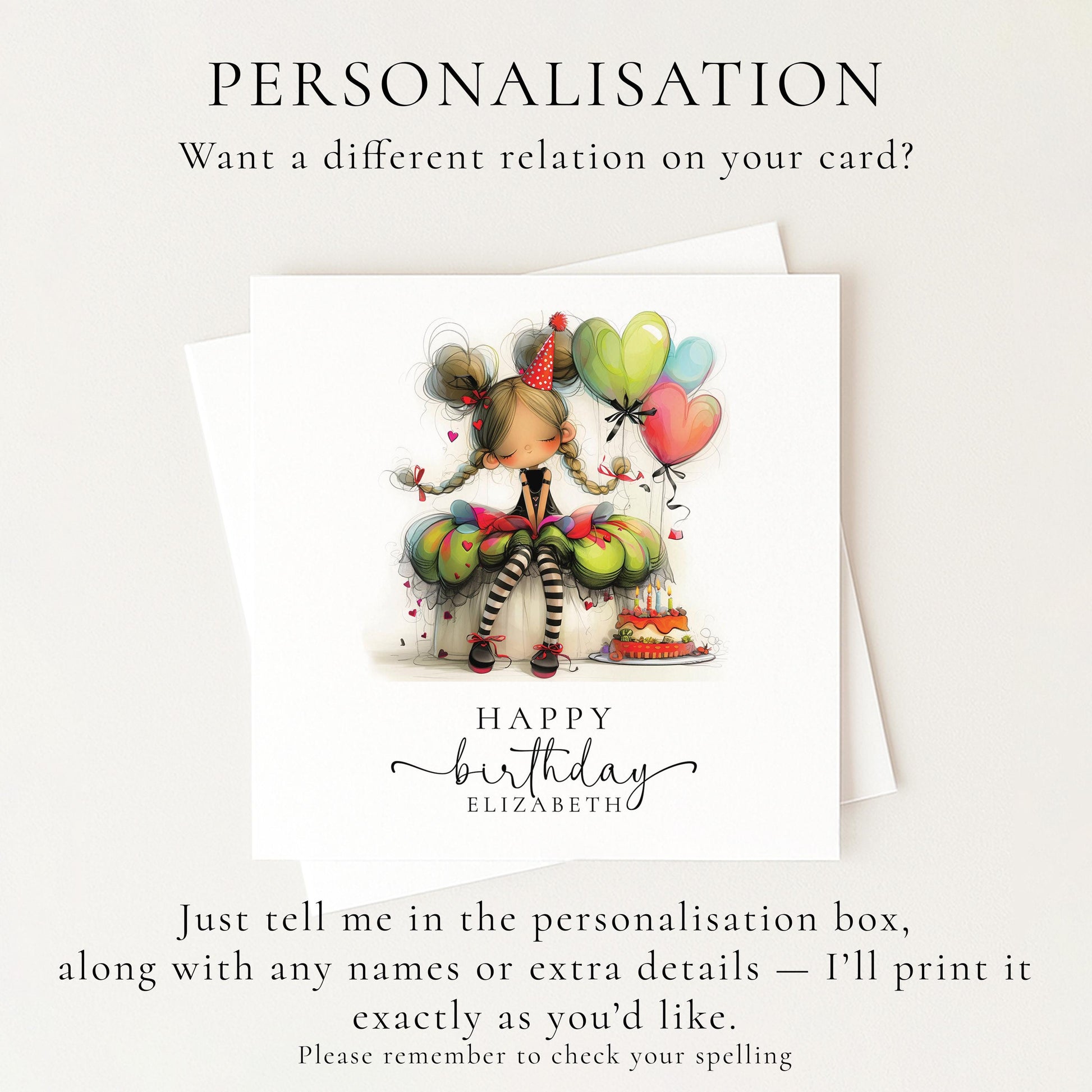 Personalised Girl Birthday Card, Cute Birthday Girl Illustration, Custom Name Card, Birthday Card for Daughter, Granddaughter, Niece