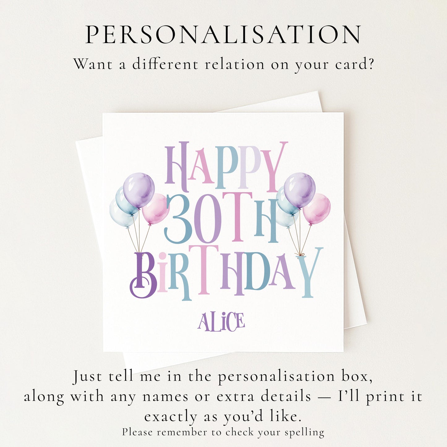 30th Birthday Card for Her, Happy 30th Birthday Card, Balloon Birthday Card, Personalised Birthday Card